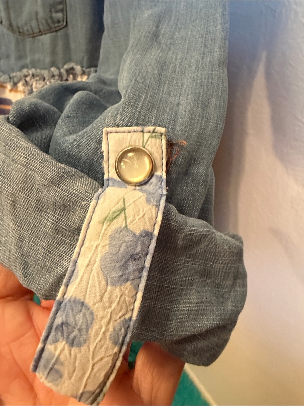 ๐๐๐BOGOHO๐๐๐John Mark Blue Denim Patchwork Button-Down Top-S - Picture 10 of 16